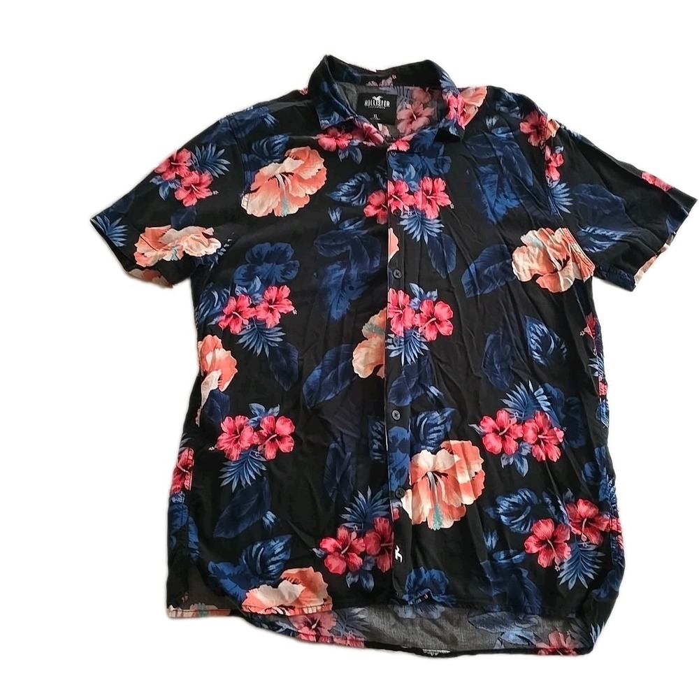 Hollister Men's‎ Hawaiian Floral Shirt XL Black Blue Pink Short Sleeve Button